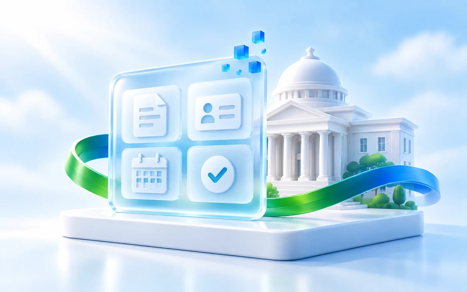 لوحة زجاجية تضم أربع خدمات رقمية: مستند وبطاقة هوية وتقويم وعلامة إنجاز، بجوار مبنى حكومي أبيض تعلوه قبة، يجمعهما شريط أخضر وأزرق.