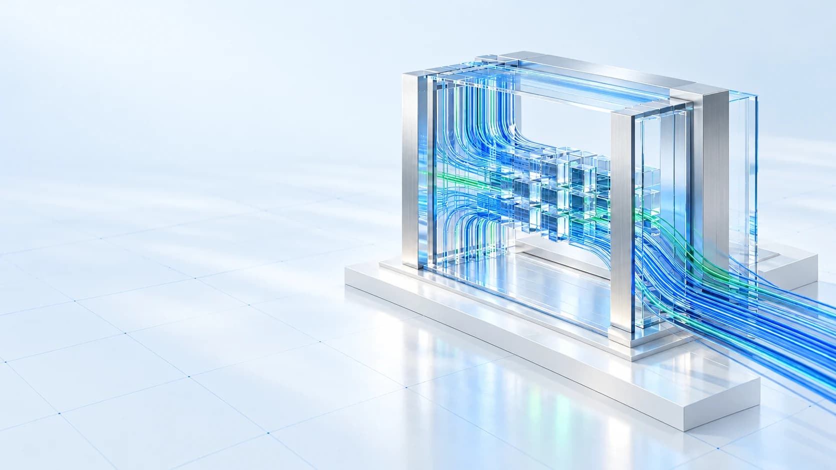 Abstract data architecture: blue and green optical paths connect a precision glass core in a bright, silver and ice-blue environment.