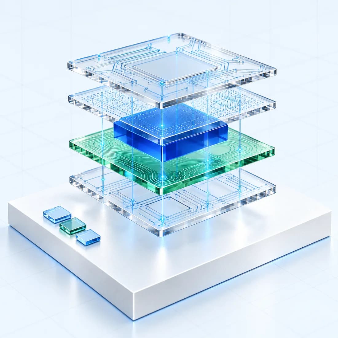 An abstract architecture of glass data layers connected around a blue central core.