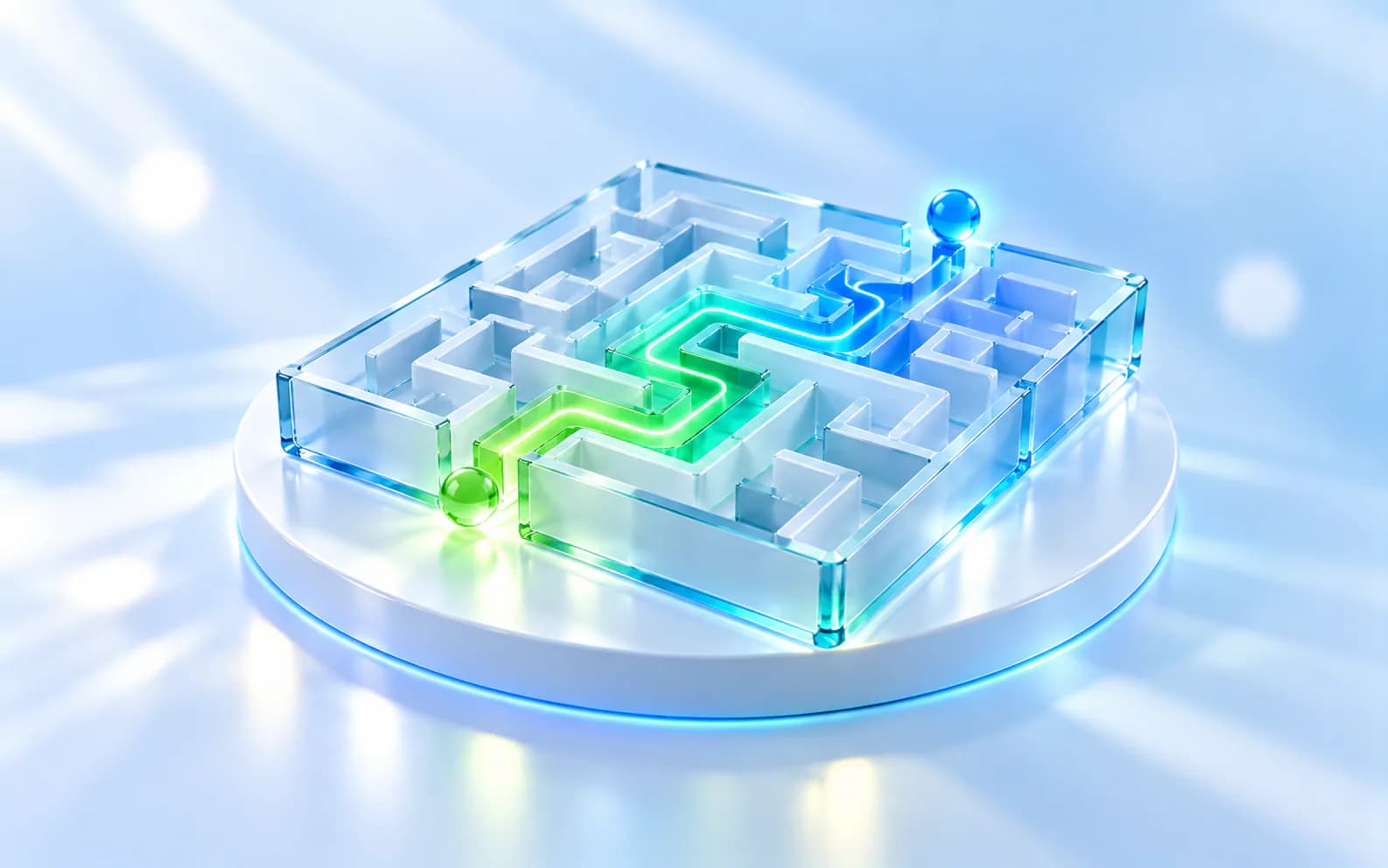 A glass maze with one glowing path that runs from a green ball at the entrance to a blue ball at the exit.