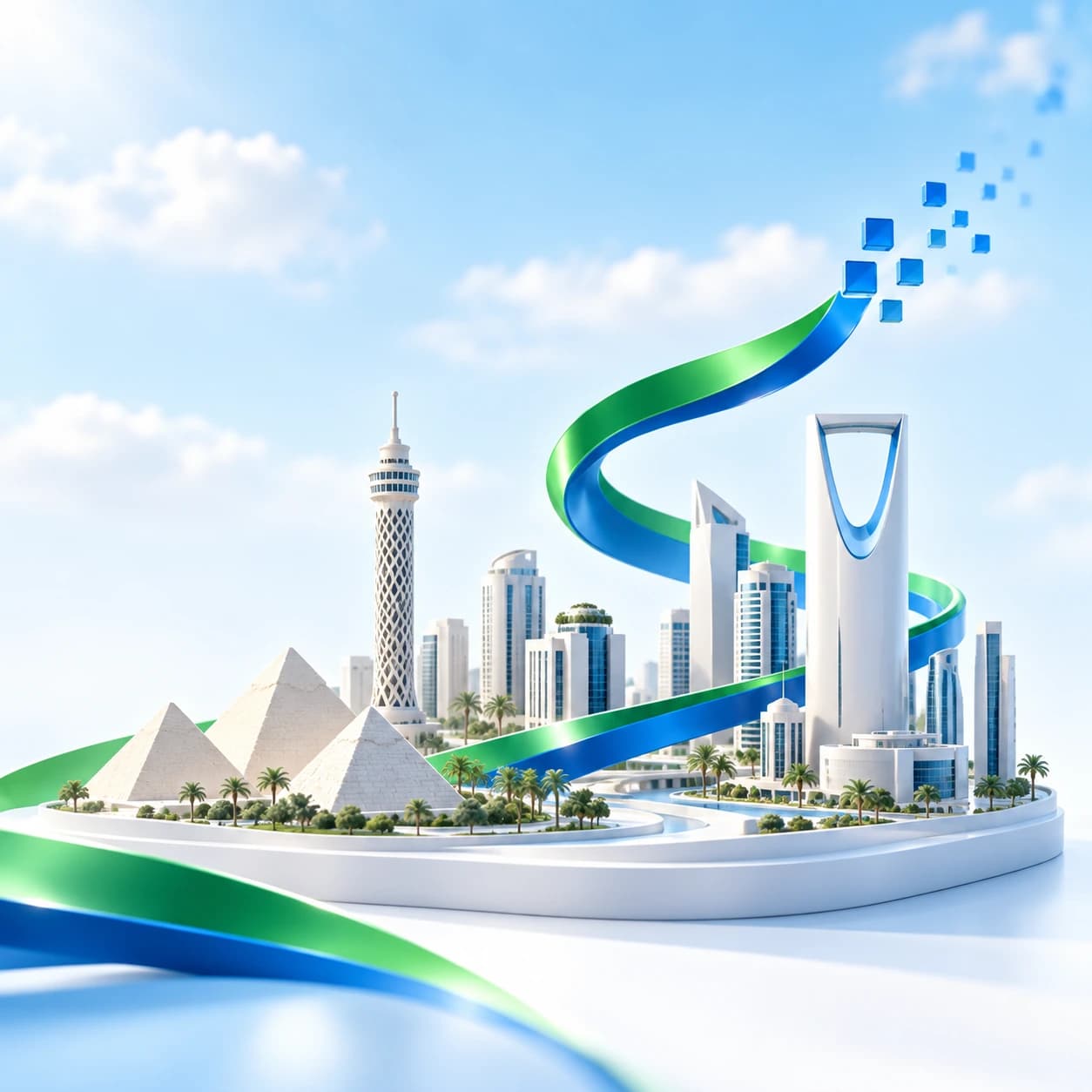 معالم القاهرة والرياض، الأهرامات وبرج القاهرة وبرج المملكة، يجمعها شريط أخضر وأزرق يرتفع نحو البيانات.